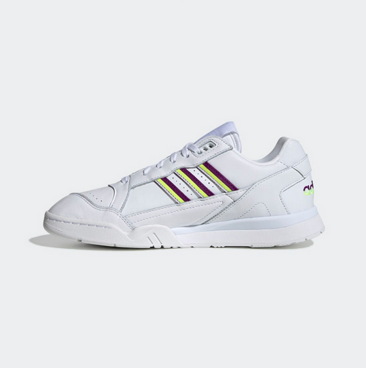 Adidas AR Trainer blanches avec bandes violettes et jaunes