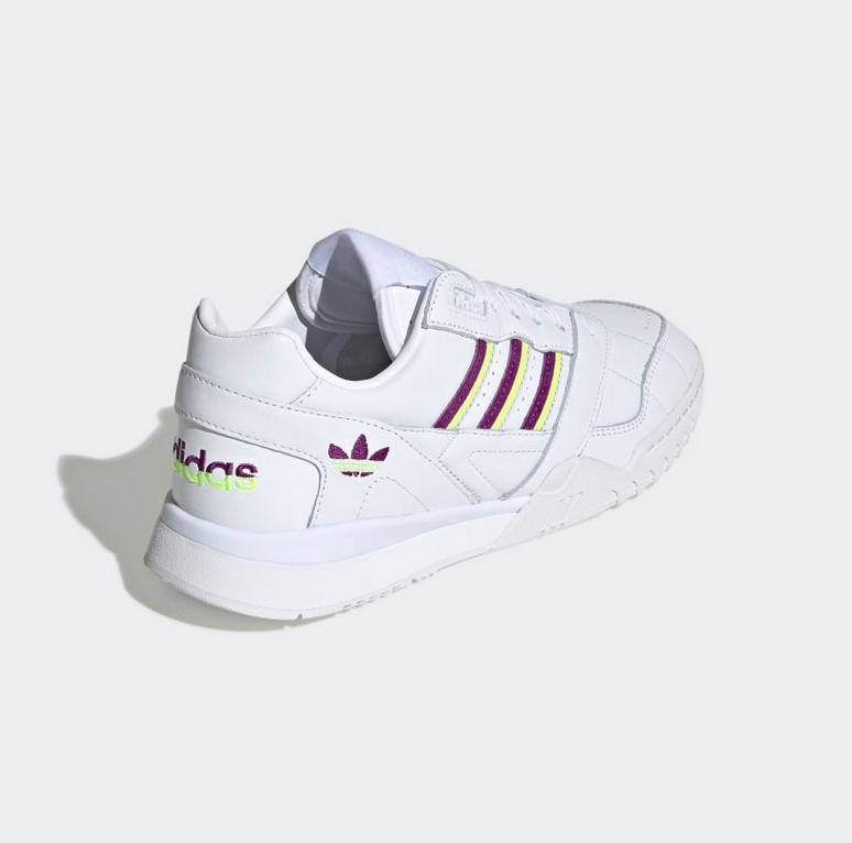 Adidas AR Trainer blanches avec bandes violettes et jaunes