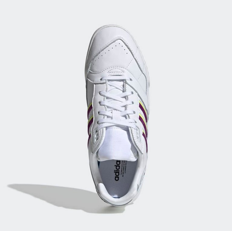 Adidas AR Trainer blanches avec bandes violettes et jaunes