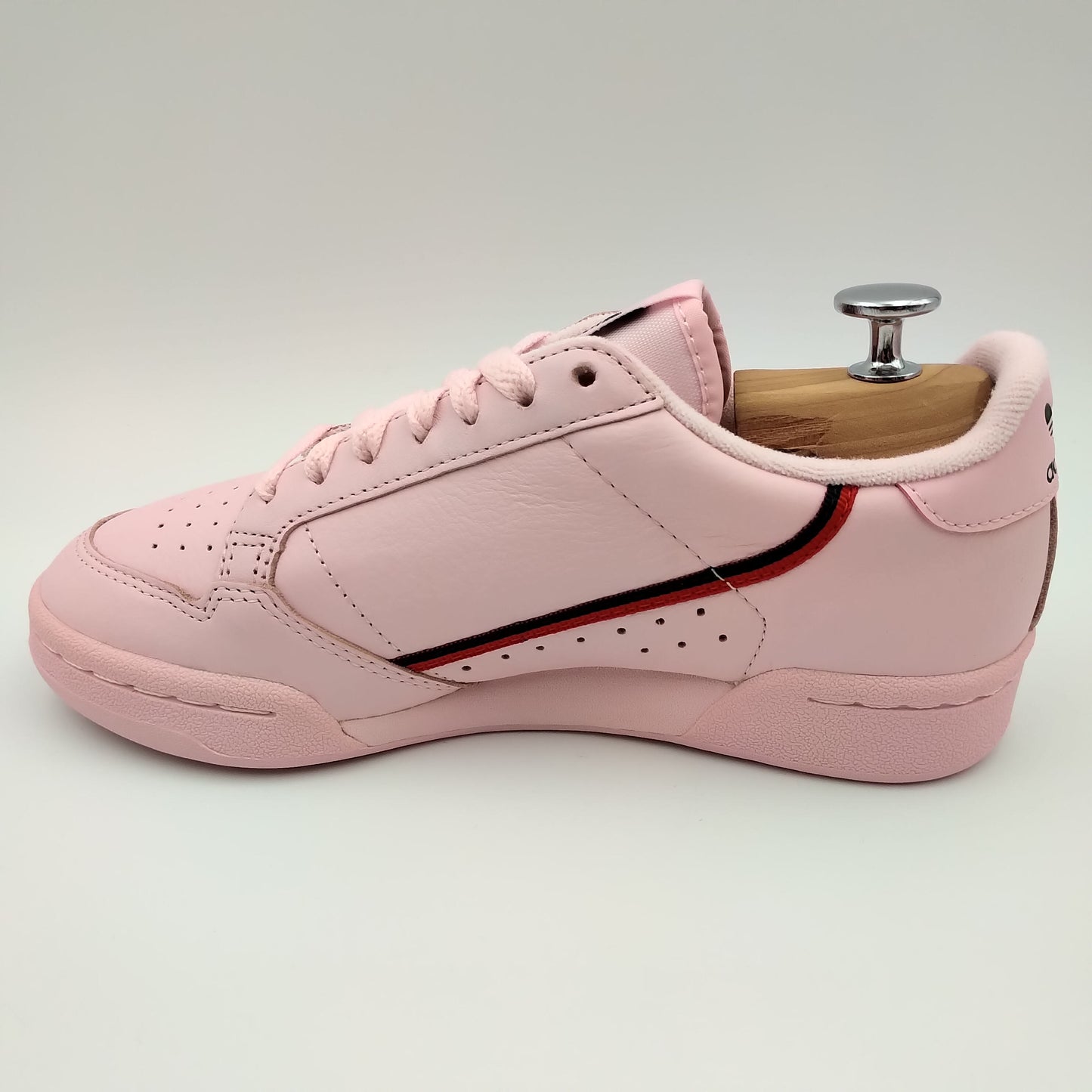 Adidas Continental 80 cuir rose et bande noire et rouge