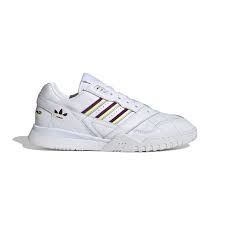 Adidas AR Trainer blanches avec bandes violettes et jaunes